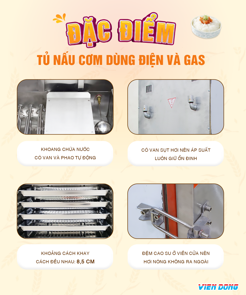 Tủ nấu cơm dùng điện và Gas